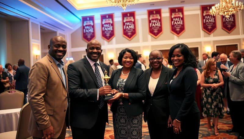 A heartfelt awards event scene showcasing family and community reflections. In the foreground, a diverse family of four stands together, dressed in professional business attire, proudly holding a trophy, their expressions filled with joy and pride. In the middle ground, attendees mingle, sharing stories and laughter, with some taking photographs and others engaged in conversations. The background features an elegantly decorated hall, adorned with banners celebrating the Alabama Hall of Fame, soft ambient lighting illuminating the space. A warm, inviting atmosphere prevails, evoking a sense of nostalgia and camaraderie. The angle captures the scene from a slight elevation, emphasizing the unity among families and community members, inviting the viewer to feel a part of this memorable moment. A heartfelt awards event scene showcasing family and community reflections. In the foreground, a diverse family of four stands together, dressed in professional business attire, proudly holding a trophy, their expressions filled with joy and pride. In the middle ground, attendees mingle, sharing stories and laughter, with some taking photographs and others engaged in conversations. The background features an elegantly decorated hall, adorned with banners celebrating the Alabama Hall of Fame, soft ambient lighting illuminating the space. A warm, inviting atmosphere prevails, evoking a sense of nostalgia and camaraderie. The angle captures the scene from a slight elevation, emphasizing the unity among families and community members, inviting the viewer to feel a part of this memorable moment.