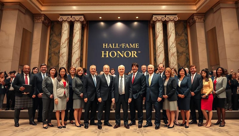 A diverse group of recent Hall of Fame inductees stands prominently in the foreground, all dressed in professional business attire, showcasing their achievements. Each individual is smiling, exuding pride and camaraderie. In the middle ground, a beautifully designed Hall of Honor backdrop featuring elegant marble columns and gold accents adds a sense of grandeur and celebration. Soft, warm lighting bathes the scene, highlighting the faces of the inductees and creating an inviting atmosphere. In the background, a cheering crowd, represented by blurred silhouettes, enhances the excitement of the moment while keeping the focus on the inductees. The angle captures a slight upward perspective, emphasizing the glory of their induction. The mood is celebratory and respectful, reflecting the significance of this event in sports history. A diverse group of recent Hall of Fame inductees stands prominently in the foreground, all dressed in professional business attire, showcasing their achievements. Each individual is smiling, exuding pride and camaraderie. In the middle ground, a beautifully designed Hall of Honor backdrop featuring elegant marble columns and gold accents adds a sense of grandeur and celebration. Soft, warm lighting bathes the scene, highlighting the faces of the inductees and creating an inviting atmosphere. In the background, a cheering crowd, represented by blurred silhouettes, enhances the excitement of the moment while keeping the focus on the inductees. The angle captures a slight upward perspective, emphasizing the glory of their induction. The mood is celebratory and respectful, reflecting the significance of this event in sports history.