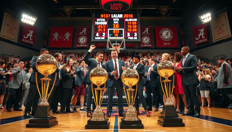 A dynamic and engaging scene capturing the essence of college sports MVP moments, depicting a group of diverse athletes proudly showcasing their awards on a basketball court set up for a game recap. In the foreground, a pair of MVP trophies gleam under bright spotlights, while behind them, a scoreboard displays highlighted game statistics. The middle ground features athletes in professional business attire exchanging enthusiastic gestures and celebrating their achievements. In the background, vibrant team banners represent Alabama, complemented by a cheering crowd, setting an energetic atmosphere. Soft, focused lighting enhances the mood, while a slight depth of field emphasizes the trophies in the foreground. The angle is slightly elevated, giving a cinematic feel to this victorious moment in sports history. A dynamic and engaging scene capturing the essence of college sports MVP moments, depicting a group of diverse athletes proudly showcasing their awards on a basketball court set up for a game recap. In the foreground, a pair of MVP trophies gleam under bright spotlights, while behind them, a scoreboard displays highlighted game statistics. The middle ground features athletes in professional business attire exchanging enthusiastic gestures and celebrating their achievements. In the background, vibrant team banners represent Alabama, complemented by a cheering crowd, setting an energetic atmosphere. Soft, focused lighting enhances the mood, while a slight depth of field emphasizes the trophies in the foreground. The angle is slightly elevated, giving a cinematic feel to this victorious moment in sports history.