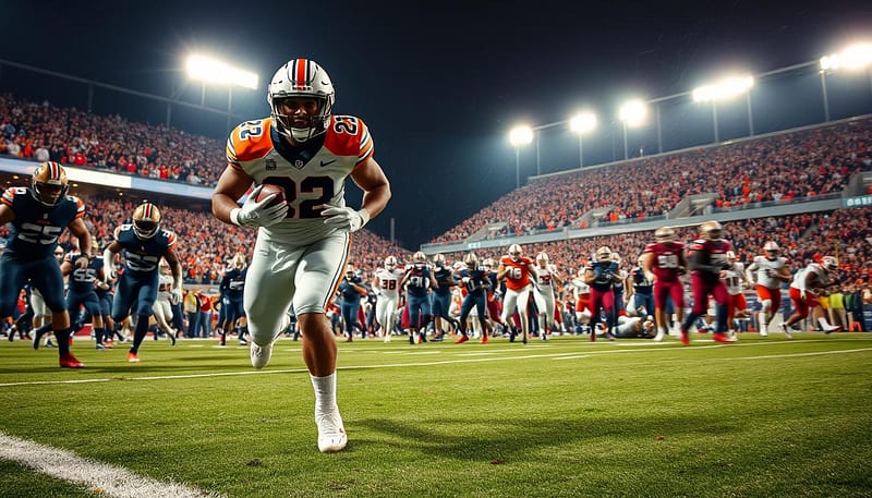 A dynamic scene capturing the moment of the "Iron Bowl Kick Six" play, focusing on the intense action of the Auburn Tigers football team as they execute a last-minute game-winning return touchdown. In the foreground, a player in a classic Auburn uniform, mid-stride with a determined expression, holds the football tightly as defenders approach. The middle ground features a chaotic scene of players from both teams, showcasing their intense rivalries and athleticism, with a blurred effect to emphasize their motion. In the background, a packed stadium under bright floodlights, with fans erupting in excitement. The atmosphere is electric, conveying the drama and excitement of this historic moment. Use a wide-angle lens to capture the entire scene, focusing on vibrant colors and dynamic lighting to enhance the sense of urgency and celebration. A dynamic scene capturing the moment of the "Iron Bowl Kick Six" play, focusing on the intense action of the Auburn Tigers football team as they execute a last-minute game-winning return touchdown. In the foreground, a player in a classic Auburn uniform, mid-stride with a determined expression, holds the football tightly as defenders approach. The middle ground features a chaotic scene of players from both teams, showcasing their intense rivalries and athleticism, with a blurred effect to emphasize their motion. In the background, a packed stadium under bright floodlights, with fans erupting in excitement. The atmosphere is electric, conveying the drama and excitement of this historic moment. Use a wide-angle lens to capture the entire scene, focusing on vibrant colors and dynamic lighting to enhance the sense of urgency and celebration.