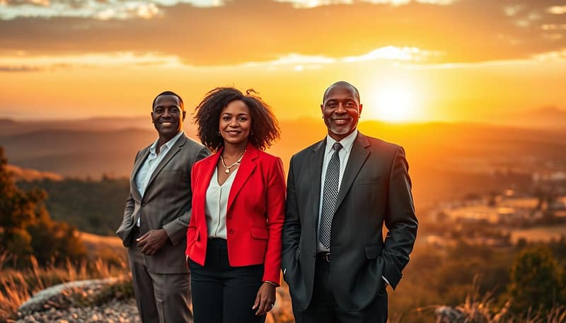 A dynamic scene depicting Alabama trailblazers in striking professional business attire, embodying a spirit of inspiration and resilience. In the foreground, a diverse group of three notable figures stands confidently, each symbolizing a different aspect of Alabama's rich history—innovation, civil rights, and education. In the middle ground, an expansive landscape reflects Alabama's natural beauty, with rolling hills and iconic landmarks subtly included. The background features a brilliant sunset, casting warm golden and orange hues that evoke hope and determination. Soft, diffused lighting enhances the mood, creating an uplifting atmosphere that highlights the achievements and stories of these influential pioneers. The angle is slightly elevated, providing a heroic perspective on these remarkable individuals. A dynamic scene depicting Alabama trailblazers in striking professional business attire, embodying a spirit of inspiration and resilience. In the foreground, a diverse group of three notable figures stands confidently, each symbolizing a different aspect of Alabama's rich history—innovation, civil rights, and education. In the middle ground, an expansive landscape reflects Alabama's natural beauty, with rolling hills and iconic landmarks subtly included. The background features a brilliant sunset, casting warm golden and orange hues that evoke hope and determination. Soft, diffused lighting enhances the mood, creating an uplifting atmosphere that highlights the achievements and stories of these influential pioneers. The angle is slightly elevated, providing a heroic perspective on these remarkable individuals.