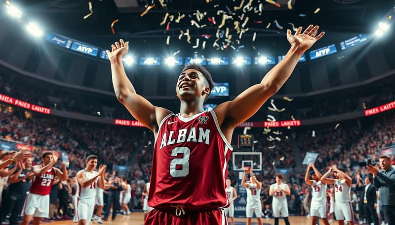 A dynamic scene depicting an Alabama basketball player celebrating a crucial moment on the court during the Final Four. In the foreground, the athlete, clad in a crimson and white jersey, raises their arms in triumph, with determination and pride evident in their expression. Mid-ground elements showcase teammates surrounding the player, each displaying various emotions of joy and excitement, while fans in the background wave Alabama banners and cheer passionately. The arena is illuminated with dramatic spotlighting, creating a sense of urgency and focus. The atmosphere is electric, filled with the thrill of competition as confetti begins to fall. The image captures the essence of "The Road to MVP," showcasing teamwork, victory, and an impending championship glory. Emphasize a wide-angle view to encapsulate the intensity and celebration without any text or distractions. A dynamic scene depicting an Alabama basketball player celebrating a crucial moment on the court during the Final Four. In the foreground, the athlete, clad in a crimson and white jersey, raises their arms in triumph, with determination and pride evident in their expression. Mid-ground elements showcase teammates surrounding the player, each displaying various emotions of joy and excitement, while fans in the background wave Alabama banners and cheer passionately. The arena is illuminated with dramatic spotlighting, creating a sense of urgency and focus. The atmosphere is electric, filled with the thrill of competition as confetti begins to fall. The image captures the essence of "The Road to MVP," showcasing teamwork, victory, and an impending championship glory. Emphasize a wide-angle view to encapsulate the intensity and celebration without any text or distractions.