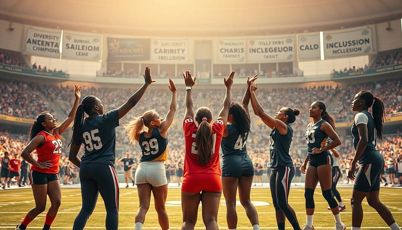 A dynamic scene illustrating the theme of "integration" through the lens of Title IX champions. In the foreground, diverse athletes of various backgrounds, wearing professional sports gear, are shown in a moment of celebration, raising each other's hands in unity. The middle ground features a symbolic stadium filled with fans, representing acceptance and support, while banners showcasing diversity and inclusion ripple in the background. Soft, warm lighting creates an uplifting atmosphere, highlighting the determination and strength of the athletes. The angle is slightly elevated, capturing both the excitement on the field and the supportive crowd. The overall mood is empowering and hopeful, celebrating the impact of Title IX in breaking barriers. A dynamic scene illustrating the theme of "integration" through the lens of Title IX champions. In the foreground, diverse athletes of various backgrounds, wearing professional sports gear, are shown in a moment of celebration, raising each other's hands in unity. The middle ground features a symbolic stadium filled with fans, representing acceptance and support, while banners showcasing diversity and inclusion ripple in the background. Soft, warm lighting creates an uplifting atmosphere, highlighting the determination and strength of the athletes. The angle is slightly elevated, capturing both the excitement on the field and the supportive crowd. The overall mood is empowering and hopeful, celebrating the impact of Title IX in breaking barriers.