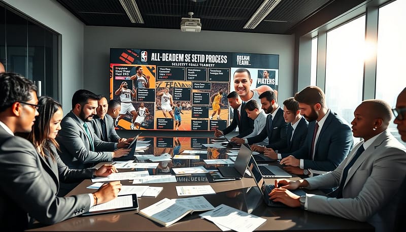 A dynamic scene showcasing the "All-Decade Dream Team Selection Process" in a modern conference room. In the foreground, a diverse group of professional business-attired individuals actively discussing player stats on digital tablets and laptops, with notes and charts spread across a sleek table. The middle ground features a large digital display showcasing key players' highlights, dynamic graphics of their achievements, and the decade’s iconic moments. The background includes a large window revealing an urban skyline, with sunlight streaming in to create a bright, optimistic atmosphere. The lens is set to a wide angle to capture the collaborative spirit and focused expressions on attendees' faces. The mood is energetic and empowering, emphasizing teamwork and the excitement of assembling a legendary team. A dynamic scene showcasing the "All-Decade Dream Team Selection Process" in a modern conference room. In the foreground, a diverse group of professional business-attired individuals actively discussing player stats on digital tablets and laptops, with notes and charts spread across a sleek table. The middle ground features a large digital display showcasing key players' highlights, dynamic graphics of their achievements, and the decade’s iconic moments. The background includes a large window revealing an urban skyline, with sunlight streaming in to create a bright, optimistic atmosphere. The lens is set to a wide angle to capture the collaborative spirit and focused expressions on attendees' faces. The mood is energetic and empowering, emphasizing teamwork and the excitement of assembling a legendary team.