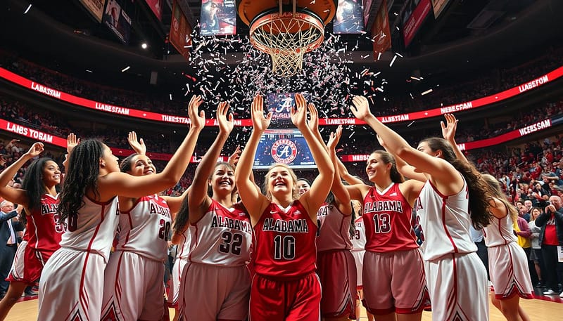 A vibrant scene depicting Alabama women's basketball pioneers celebrating a groundbreaking victory moment on the court. In the foreground, a diverse group of female athletes in crimson and white uniforms, showcasing their excitement with high-fives and joyful expressions. The middle ground features a basketball hoop with confetti falling, and a scoreboard in the background displaying a historic win. The arena is filled with an enthusiastic crowd, all cheering passionately. The lighting is bright and energetic, creating a warm, victorious atmosphere, emphasizing the significance of the moment. The angle captures the players from a slightly low perspective, enhancing their heroic stature. No text or watermarks in the image, strictly focused on the celebration and achievement of these trailblazing athletes. A vibrant scene depicting Alabama women's basketball pioneers celebrating a groundbreaking victory moment on the court. In the foreground, a diverse group of female athletes in crimson and white uniforms, showcasing their excitement with high-fives and joyful expressions. The middle ground features a basketball hoop with confetti falling, and a scoreboard in the background displaying a historic win. The arena is filled with an enthusiastic crowd, all cheering passionately. The lighting is bright and energetic, creating a warm, victorious atmosphere, emphasizing the significance of the moment. The angle captures the players from a slightly low perspective, enhancing their heroic stature. No text or watermarks in the image, strictly focused on the celebration and achievement of these trailblazing athletes.