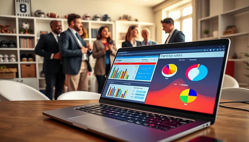 A visually engaging scene of online polls in action, focusing on a sleek laptop on a modern desk, displaying colorful and interactive digital polling graphics. In the foreground, a close-up of the laptop screen shows vibrant bar graphs and pie charts reflecting fan votes. The middle ground features a diverse group of people, dressed in professional business attire, engaged in a lively discussion about the voting process. The background includes subtle elements of a home office, with shelves filled with sports memorabilia and a window that lets in warm, natural light, creating an inviting atmosphere. The composition should use a slight top-down angle to capture the energetic mood of online voting. A visually engaging scene of online polls in action, focusing on a sleek laptop on a modern desk, displaying colorful and interactive digital polling graphics. In the foreground, a close-up of the laptop screen shows vibrant bar graphs and pie charts reflecting fan votes. The middle ground features a diverse group of people, dressed in professional business attire, engaged in a lively discussion about the voting process. The background includes subtle elements of a home office, with shelves filled with sports memorabilia and a window that lets in warm, natural light, creating an inviting atmosphere. The composition should use a slight top-down angle to capture the energetic mood of online voting.