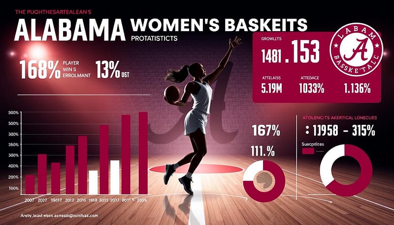 An infographic illustrating the growth statistics of the Alabama women's basketball program, featuring a dynamic and modern design. In the foreground, include bar graphs and pie charts showing key metrics, such as player enrollment, win-loss records, and attendance figures. The middle ground should depict a sharp, stylized silhouette of a female basketball player in a professional sports uniform, dynamically posed, symbolizing empowerment and progress. The background should feature the iconic elements of Alabama's sports culture, such as the university's colors and logos, subtly blended into a textured sports court design. Use bright, uplifting lighting to create an atmosphere of optimism and achievement, with a slight depth of field to draw focus to the statistics in the foreground. Emphasize professionalism and dynamism throughout. An infographic illustrating the growth statistics of the Alabama women's basketball program, featuring a dynamic and modern design. In the foreground, include bar graphs and pie charts showing key metrics, such as player enrollment, win-loss records, and attendance figures. The middle ground should depict a sharp, stylized silhouette of a female basketball player in a professional sports uniform, dynamically posed, symbolizing empowerment and progress. The background should feature the iconic elements of Alabama's sports culture, such as the university's colors and logos, subtly blended into a textured sports court design. Use bright, uplifting lighting to create an atmosphere of optimism and achievement, with a slight depth of field to draw focus to the statistics in the foreground. Emphasize professionalism and dynamism throughout.