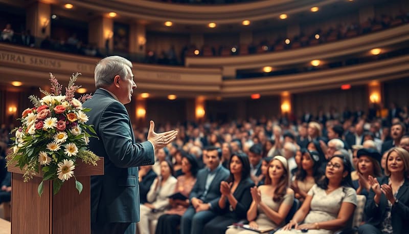 A grand hall filled with a captivated audience, showcasing a podium adorned with elegant flowers. In the foreground, a charismatic speaker in professional business attire delivers an emotional acceptance speech, with hands gesturing expressively. The middle ground features diverse attendees, some visibly inspired, clapping and nodding in appreciation, while others are reflecting on the themes of gratitude, resilience, and legacy. The background showcases soft, warm lighting illuminating the ornate architecture of the hall, emphasizing a sense of reverence and celebration. Use a slight low-angle perspective to enhance the speaker’s prominence, while incorporating a bokeh effect to soften the audience, creating a focused yet intimate atmosphere. The mood should be uplifting and motivational, capturing the essence of legendary words spoken on a proud occasion. A grand hall filled with a captivated audience, showcasing a podium adorned with elegant flowers. In the foreground, a charismatic speaker in professional business attire delivers an emotional acceptance speech, with hands gesturing expressively. The middle ground features diverse attendees, some visibly inspired, clapping and nodding in appreciation, while others are reflecting on the themes of gratitude, resilience, and legacy. The background showcases soft, warm lighting illuminating the ornate architecture of the hall, emphasizing a sense of reverence and celebration. Use a slight low-angle perspective to enhance the speaker’s prominence, while incorporating a bokeh effect to soften the audience, creating a focused yet intimate atmosphere. The mood should be uplifting and motivational, capturing the essence of legendary words spoken on a proud occasion.