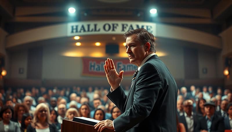 A poignant scene depicting a Hall of Fame acceptance speech moment. In the foreground, a middle-aged person in professional attire stands at a podium, visibly emotional, with tears in their eyes, a hand raised in gratitude. The middle ground features a captivated audience, diverse in ethnicity and age, showing expressions of admiration and inspiration. The background showcases an elegant auditorium filled with soft, warm lighting, creating a nostalgic atmosphere. Subtle details include a banner with "Hall of Fame" behind the speaker and spotlights highlighting their figure. The angle is slightly elevated, capturing the intimate connection between the speaker and audience, invoking a feeling of shared legacy and heartfelt storytelling. A poignant scene depicting a Hall of Fame acceptance speech moment. In the foreground, a middle-aged person in professional attire stands at a podium, visibly emotional, with tears in their eyes, a hand raised in gratitude. The middle ground features a captivated audience, diverse in ethnicity and age, showing expressions of admiration and inspiration. The background showcases an elegant auditorium filled with soft, warm lighting, creating a nostalgic atmosphere. Subtle details include a banner with "Hall of Fame" behind the speaker and spotlights highlighting their figure. The angle is slightly elevated, capturing the intimate connection between the speaker and audience, invoking a feeling of shared legacy and heartfelt storytelling.