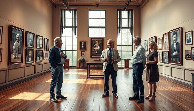 A serene and contemplative scene set in a prestigious tennis hall of fame. In the foreground, three diverse male and female mentors, dressed in smart casual attire, engage in an animated yet respectful discussion about tennis strategy. The middle ground features framed photos and memorabilia of legendary, overlooked tennis players adorning the walls, symbolizing their quiet impact on the sport. Soft, warm lighting highlights the textures of the wooden floors and the elegant decor, creating a reflective atmosphere. In the background, tall glass windows allow natural light to flood the space, casting gentle shadows. The scene conveys a sense of respect, history, and inspiration, capturing the essence of mentorship in tennis. A serene and contemplative scene set in a prestigious tennis hall of fame. In the foreground, three diverse male and female mentors, dressed in smart casual attire, engage in an animated yet respectful discussion about tennis strategy. The middle ground features framed photos and memorabilia of legendary, overlooked tennis players adorning the walls, symbolizing their quiet impact on the sport. Soft, warm lighting highlights the textures of the wooden floors and the elegant decor, creating a reflective atmosphere. In the background, tall glass windows allow natural light to flood the space, casting gentle shadows. The scene conveys a sense of respect, history, and inspiration, capturing the essence of mentorship in tennis.