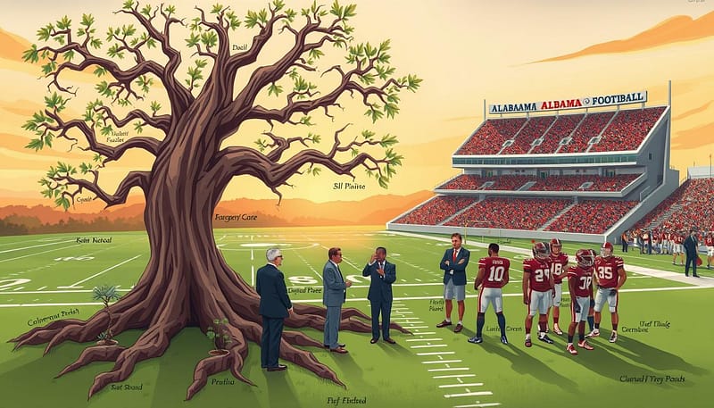 A vibrant illustration of the Alabama coaching tree in football, showcasing the roots of Hall of Fame coaches and their influential protégés. In the foreground, depict a gnarled tree with thick, twisting roots labeled with names of legendary coaches, while beneath them, small saplings symbolize their successful disciples striking poses on a football field. In the middle ground, feature a football field with coaches in professional business attire engaged in strategic discussions, imparting wisdom to young athletes wearing practice gear. In the background, Alabama's famous stadium stands under a warm golden sunset, casting a soft glow over the scene. Capture the atmosphere of mentorship and legacy, evoking a sense of pride and tradition in college football. Use a slightly elevated angle for a dynamic perspective, ensuring clarity in each element and enhancing overall visual appeal. A vibrant illustration of the Alabama coaching tree in football, showcasing the roots of Hall of Fame coaches and their influential protégés. In the foreground, depict a gnarled tree with thick, twisting roots labeled with names of legendary coaches, while beneath them, small saplings symbolize their successful disciples striking poses on a football field. In the middle ground, feature a football field with coaches in professional business attire engaged in strategic discussions, imparting wisdom to young athletes wearing practice gear. In the background, Alabama's famous stadium stands under a warm golden sunset, casting a soft glow over the scene. Capture the atmosphere of mentorship and legacy, evoking a sense of pride and tradition in college football. Use a slightly elevated angle for a dynamic perspective, ensuring clarity in each element and enhancing overall visual appeal.