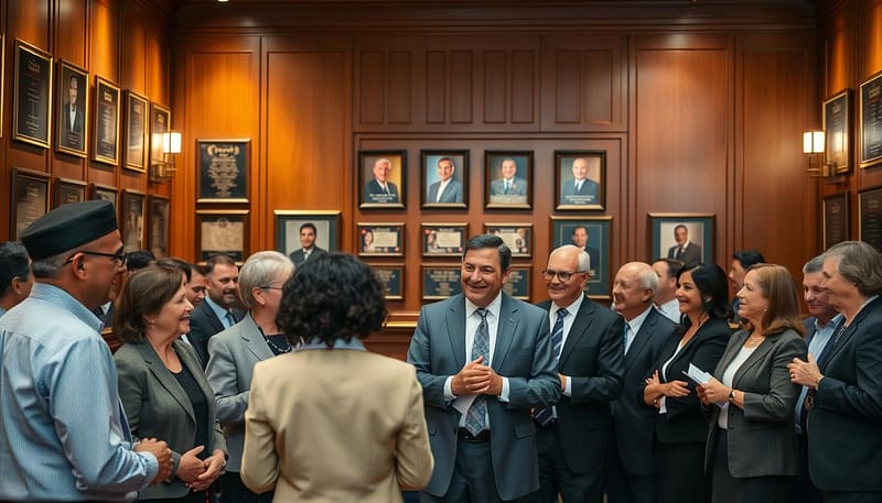 A warm and inviting scene set in an elegant hall adorned with plaques and photographs of inductees. In the foreground, a diverse group of individuals dressed in professional business attire stands together, sharing stories and smiles, embodying camaraderie and appreciation. In the middle, a display of framed pictures and biographical details of lesser-known inductees, subtly lit to give a sense of reverence and honor. The background features soft, ambient lighting illuminating the rich wooden textures of the hall, creating an atmosphere that feels both celebratory and reflective. This composition captures the essence of recognition and respect for unsung heroes, inviting viewers to appreciate their contributions. The image is shot from a slightly elevated angle, allowing for a wide view of the hall and its occupants. A warm and inviting scene set in an elegant hall adorned with plaques and photographs of inductees. In the foreground, a diverse group of individuals dressed in professional business attire stands together, sharing stories and smiles, embodying camaraderie and appreciation. In the middle, a display of framed pictures and biographical details of lesser-known inductees, subtly lit to give a sense of reverence and honor. The background features soft, ambient lighting illuminating the rich wooden textures of the hall, creating an atmosphere that feels both celebratory and reflective. This composition captures the essence of recognition and respect for unsung heroes, inviting viewers to appreciate their contributions. The image is shot from a slightly elevated angle, allowing for a wide view of the hall and its occupants.
